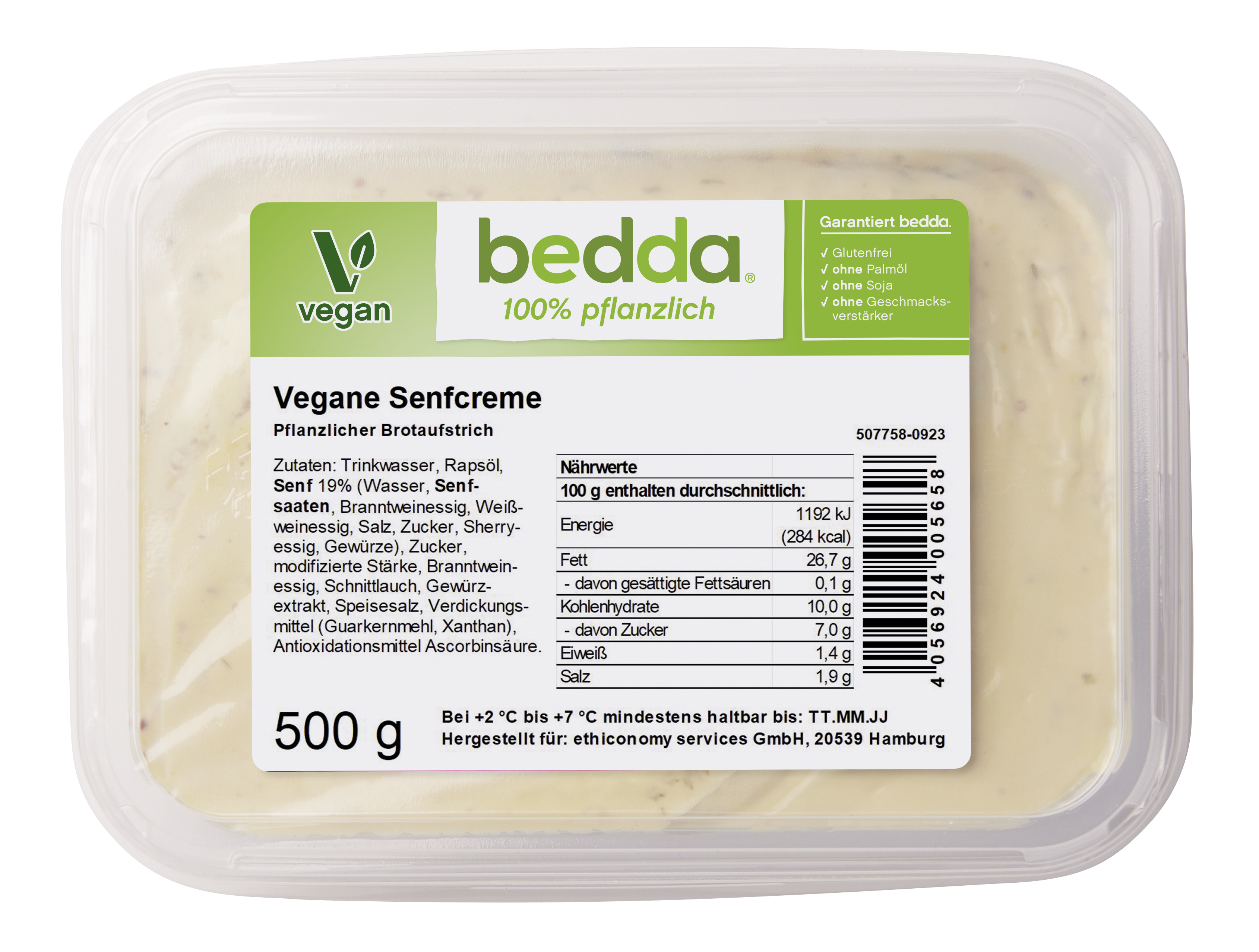 Vegane Senfcreme von bedda in der 500-g-Packung